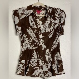 Sunny Leigh Semi-Sheer Blouse Womens Sz Medium Brown White Tropical Leaf Print
